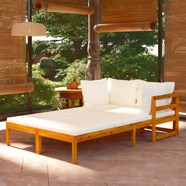vidaXL Sun Lounger Cream White Solid acacia wood 2 person Foldable