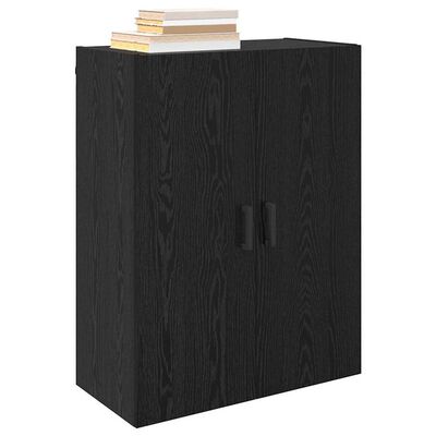 Black wood cabinet with one door, stacked books on top