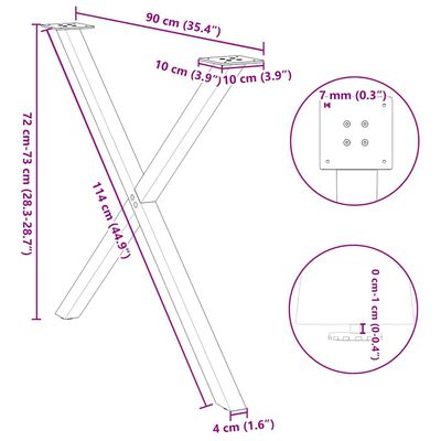 Technical dimensions diagram showing measurements of table legs and top, with magenta annotations.