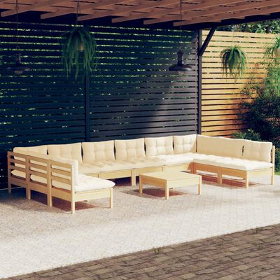 vidaXL 11 Piece Patio Lounge Set with Cream Cushions Solid Pinewood