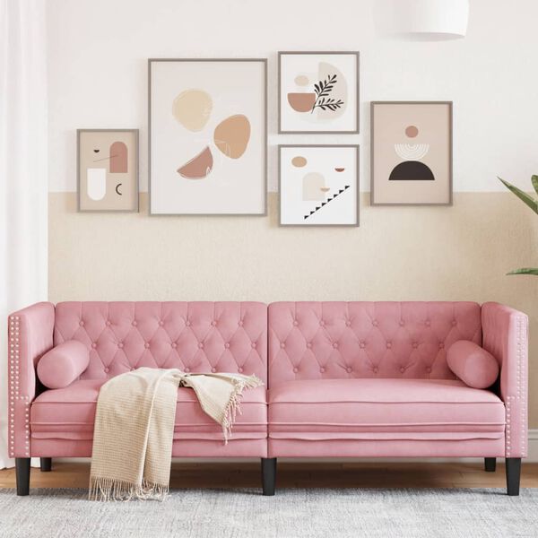 vidaXL Chesterfield Sofa Pink Velvet, plywood, solid wood, foam 3-Seater