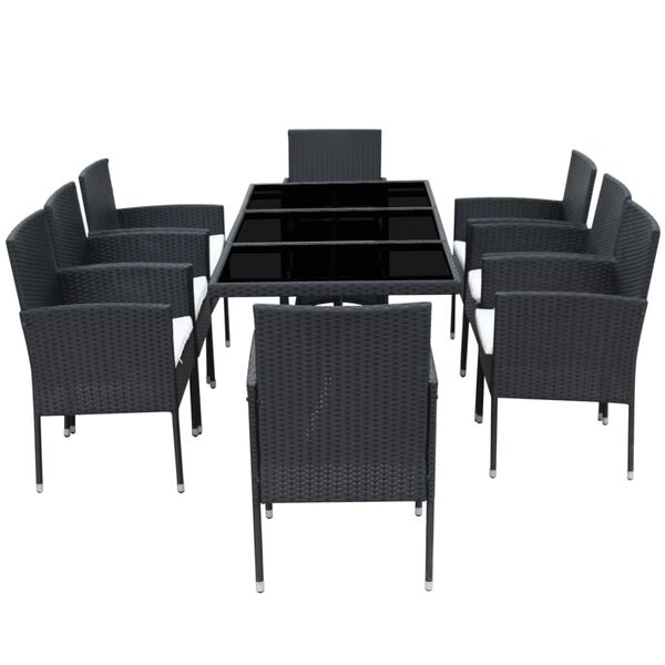 vidaXL 9 Piece Patio Dining Set with Cushions Poly Rattan Black