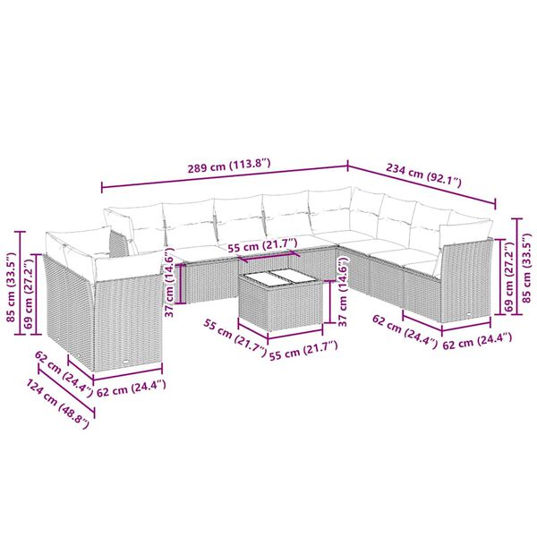 vidaXL 11 Piece Patio Sofa Set with Cushions Light Gray Poly Rattan