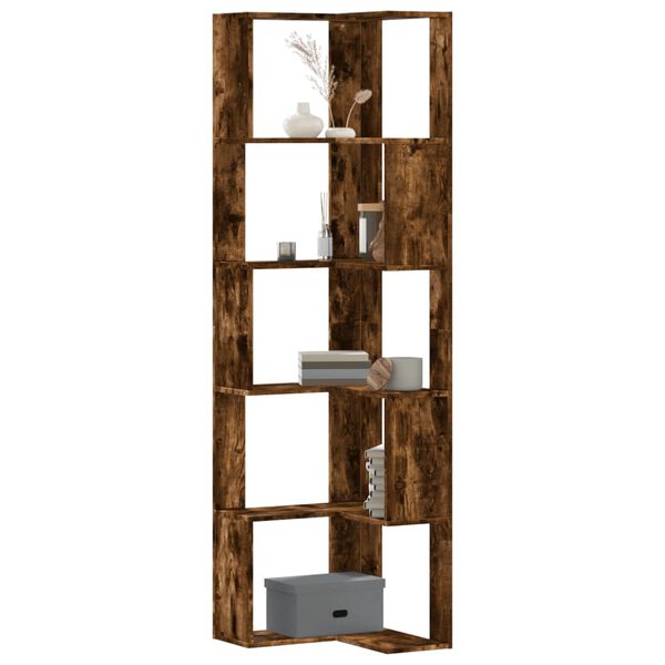 vidaXL Corner Bookcase 5-Tier Smoked Oak 19.7x19.7x70.5" Engineered Wood