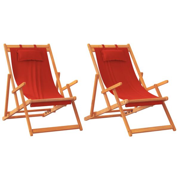 vidaXL Folding Beach Chair Set of 2 Red Solid eucalyptus wood, Polyester