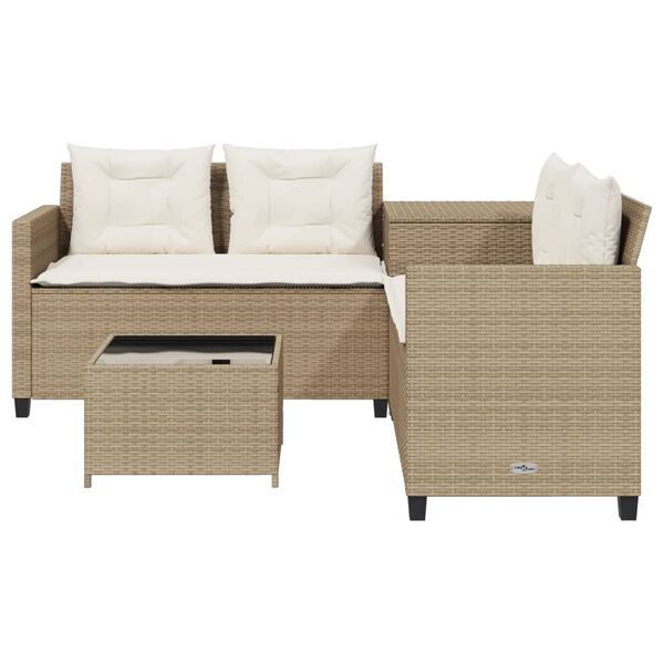 vidaXL Patio Sofa with Table and Cushions L-Shaped Beige Poly Rattan