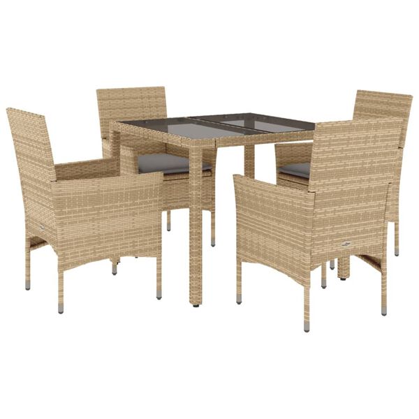 vidaXL 5 Piece Patio Dining Set with Cushions Beige Poly Rattan and Glass