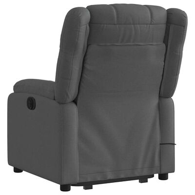 Rear view of grey recliner chair showing back and base with power switch on side.