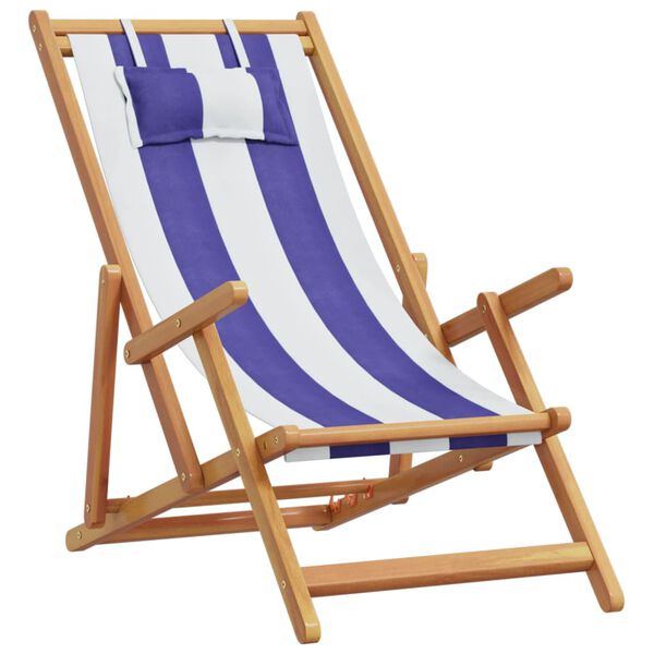 vidaXL Folding Beach Chair Blue and White Solid Wood Eucalyptus and Fabric