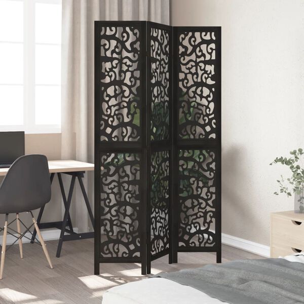 vidaXL Room Divider 3 Panels Black Solid Wood Paulownia
