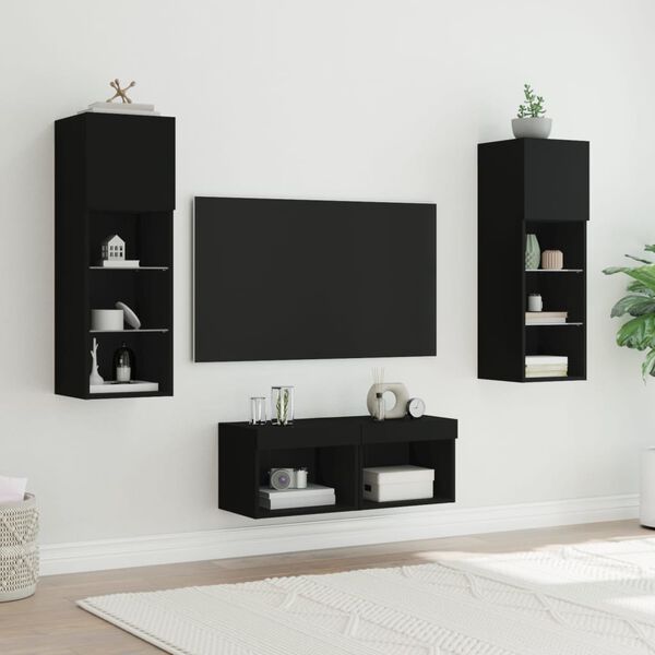 vidaXL 4 Piece TV Wall Stands with LED Lights Black
