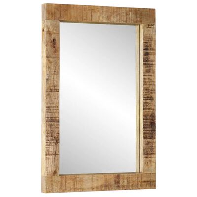 Rectangular wall mirror framed in rustic wood with visible grain
