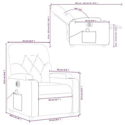  Technical dimensions diagram of the recliner showing measurements