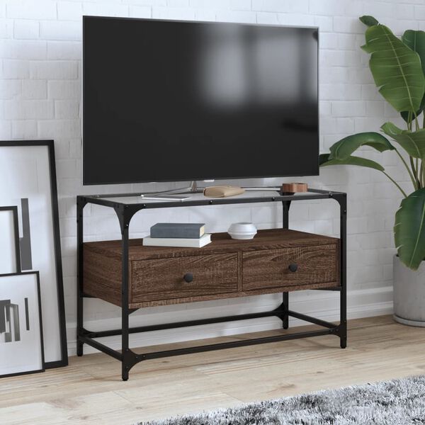 vidaXL TV Cabinet Brown Oak Engineered Wood and Glass Medium TV Cabinet