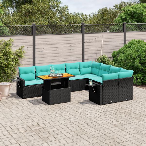 vidaXL 10 Piece Patio Sofa Set with Cushions Black Poly Rattan