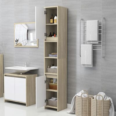 vidaXL Bathroom Cabinet White and Sonoma Oak 11.8"x11.8"x72.2" Engineered Wood