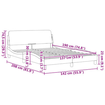 Dimensions diagram of a bed with measurements labeled in centimeters and inches.