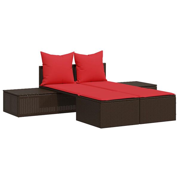 vidaXL Patio Double Sun Lounger Brown with Red Cushions