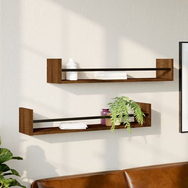 vidaXL Wall Shelf Set of 2 Brown oak Engineered wood, steel Standard