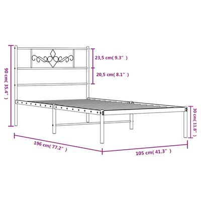 vidaXL Metal Bed Frame with Headboard White 39.4"x74.8" Twin