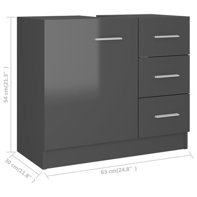 vidaXL Sink Cabinet High Gloss Gray 24.8"x11.8"x21.3" Chipboard