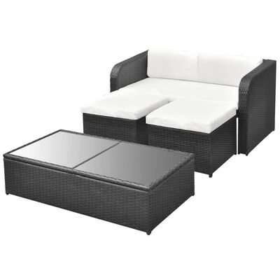 Sectional outdoor sofa with two seat cushions and matching coffee table with glass top.