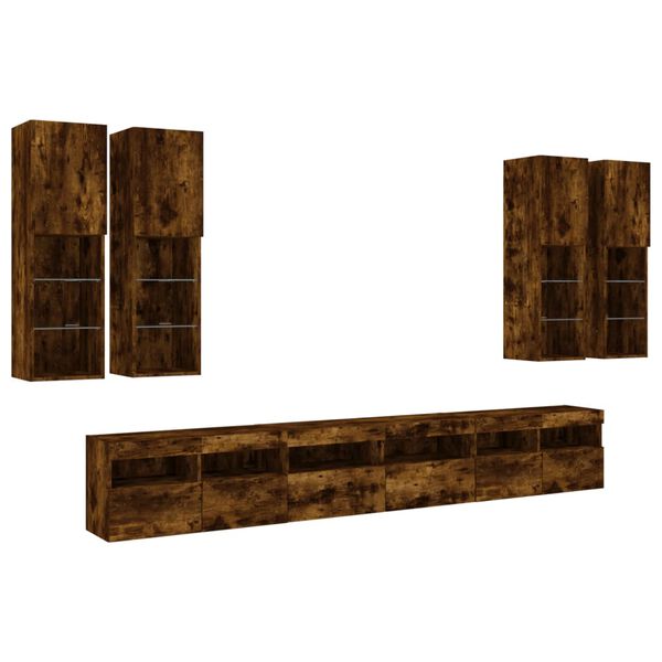 vidaXL 7 Piece TV Wall Stand Set with LED Lights Smoked Oak