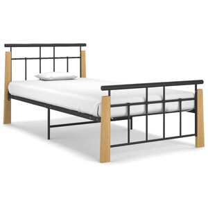 vidaXL Bed Frame Black and Light Oak Powder-coated metal, solid oak wood