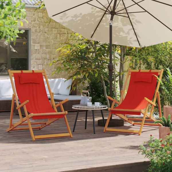 vidaXL Folding Beach Chair Set of 2 Red Solid eucalyptus wood, Polyester