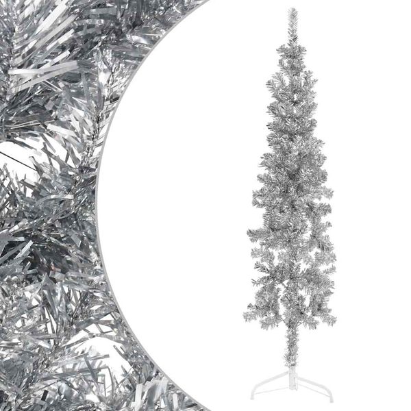 vidaXL Slim Artificial Half Christmas Tree Silver PVC, Steel Slim