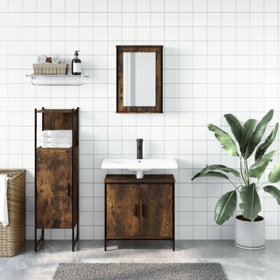 Bathroom set including wall cabinet with mirror, tall storage rack, and sink vanity with cabinet doors, all in rustic brown finish.