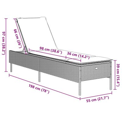 Dimensions diagram of outdoor lounge bed: length 198 cm, width 55 cm, height 39 cm, mattress area 98x36 cm and backrest height 97 cm with umbrella dimension