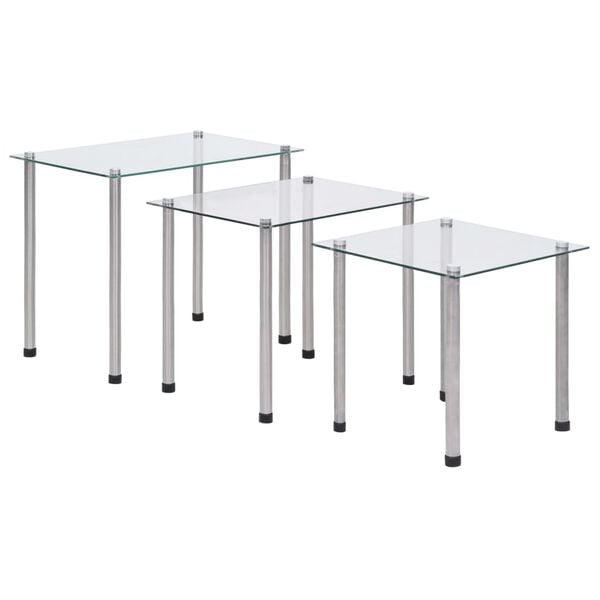 vidaXL Nesting Table Set of 3 Transparent Tempered glass, stainless steel