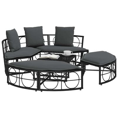 Sectional outdoor furniture set with curved sofa, cushions, and matching ottoman