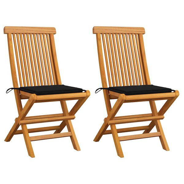 vidaXL Patio Chairs with Black Cushions 2 pcs Solid Teak Wood