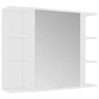 White cabinet with large gray mirror panel and side shelves.