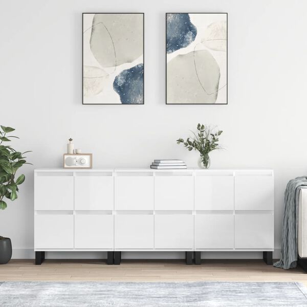 vidaXL Sideboard Set of 3 High Gloss White Engineered Wood, Metal