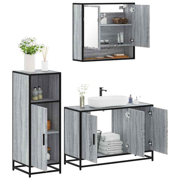 vidaXL Bathroom Furniture Set Grey sonoma Engineered wood, metal, glass