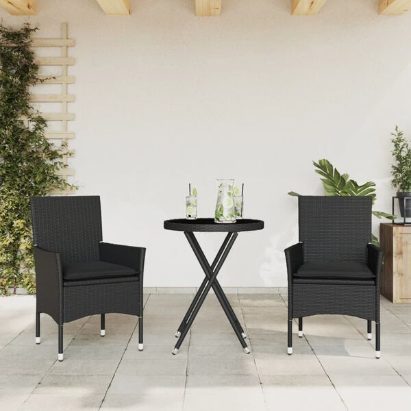vidaXL 3 Piece Bistro Set with Cushions Black Poly Rattan and Glass