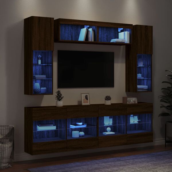 vidaXL 6 Piece TV Wall Stand Set with LED Lights Brown Oak
