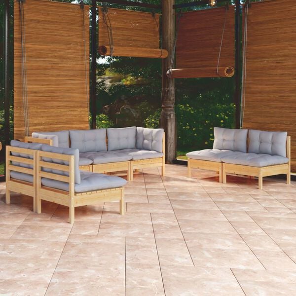 vidaXL Garden Lounge Set Grey Solid pine wood, 100% polyester fabric Large