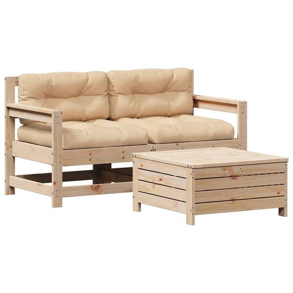 vidaXL 3 Piece Patio Lounge Set with Cushions Solid Wood Pine