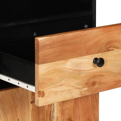 Wooden drawer pulled out showing raw wood grain and black knob; close-up of cabinet front assembly.
