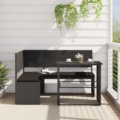 vidaXL Patio Sofa with Table and Cushions L-Shaped Black Poly Rattan