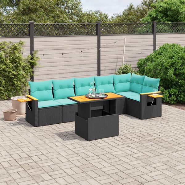 vidaXL 7 Piece Patio Sofa Set with Cushions Black Poly Rattan