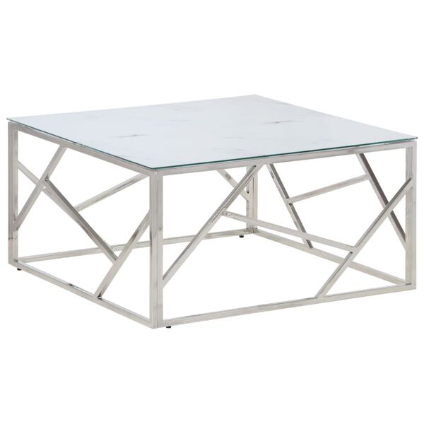 vidaXL Coffee Table White, Silver Stainless Steel, Tempered Glass Medium