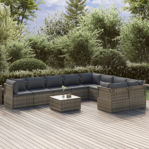 vidaXL Garden Lounge Set Grey PE rattan, powder-coated steel, polyester, PVC