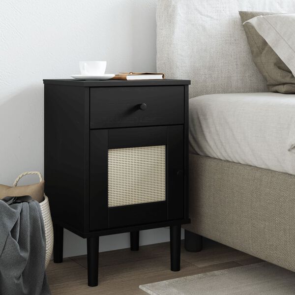vidaXL Bedside Cabinet Black Solid pine wood, engineered wood, poly rattan