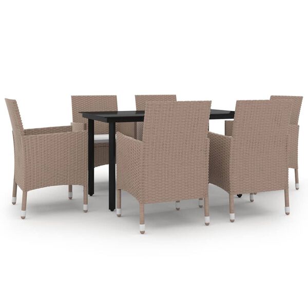 vidaXL 7 Piece Patio Dining Set with Cushions Poly Rattan and Glass