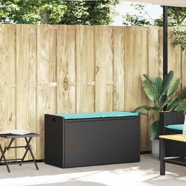 vidaXL Patio Storage Bench with Cushion Black 39.4" Poly Rattan